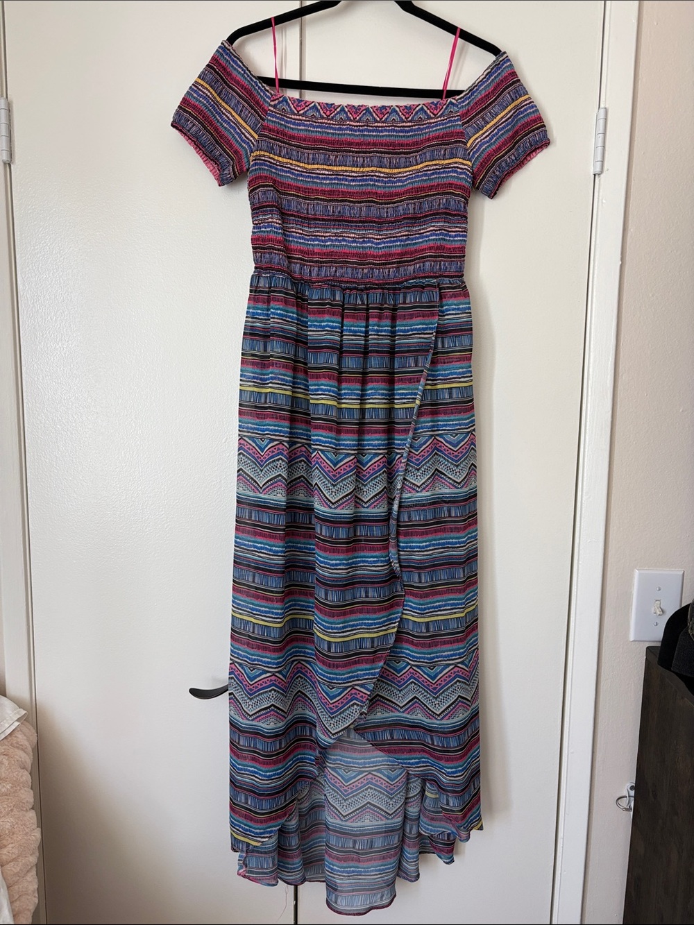 Off-Shoulder Multicolor Stripe Maxi Dress